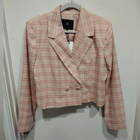 NWT 7 For All Mankind Women's Cropped Pink Plaid Double Breasted Blazer Sz L - Picture 1 of 8